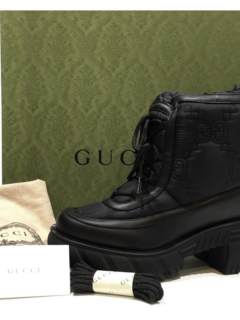 Gucci “Nylon GG Twenty” Black Quilted Lace-Up Ankle Boots